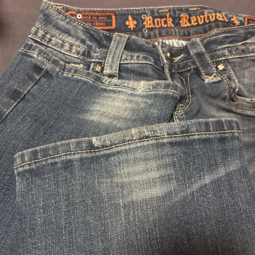 Y2K Rock Revival Celine Boot Cut Jeans Size 27 Distressed Flap Pocket Blue Denim